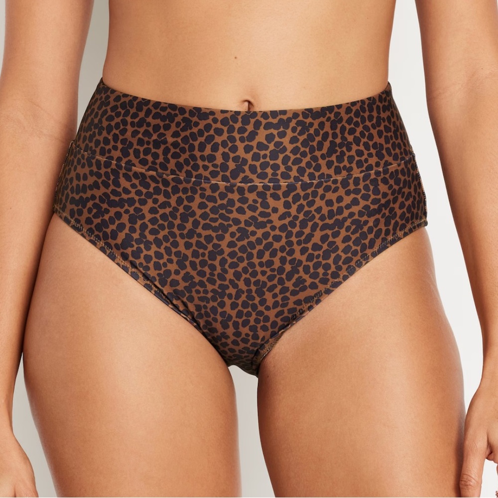 NWT Leopard Bikini Swim Bottoms, Banded High-Waist